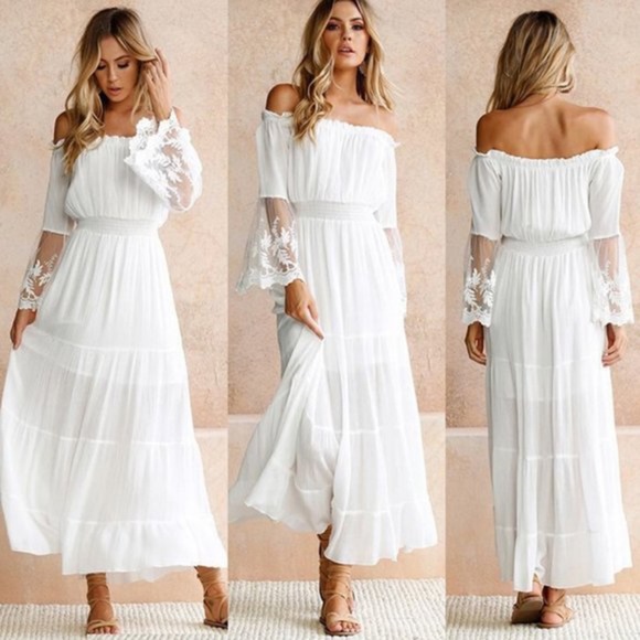 Dresses & Skirts - Off shoulder lace sleeve Maxi Dress